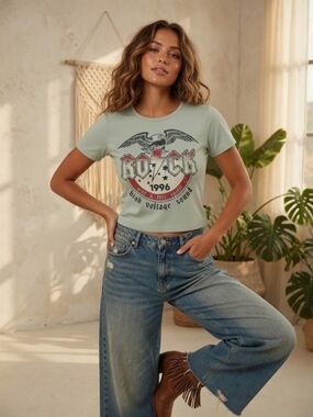 Women's Occasion Sage Green  Rock 96' Graphic Crop Tee with Criss Cross Tie Back
